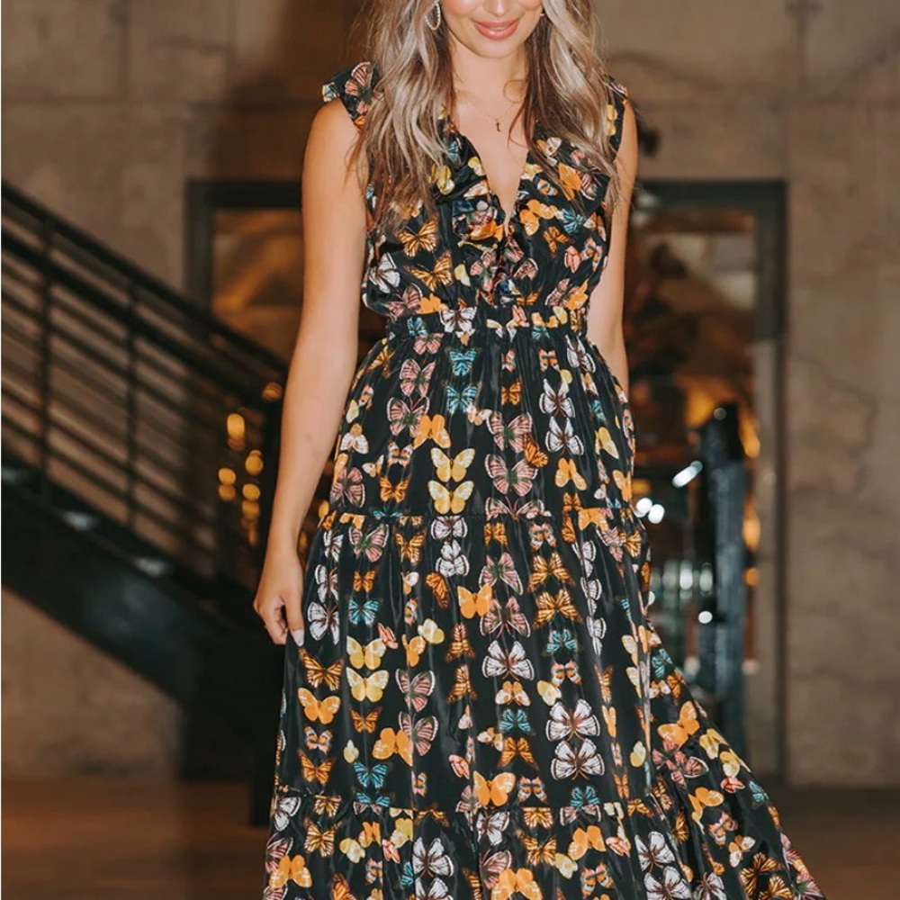 Buddy Love Black and Orange Butterfly Maxi Dress